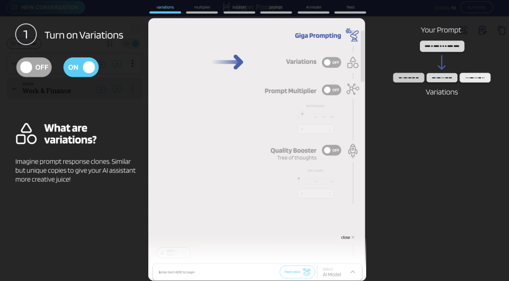 High fidelity design showing Giga Prompting feature with variations, multiplier, and quality booster controls