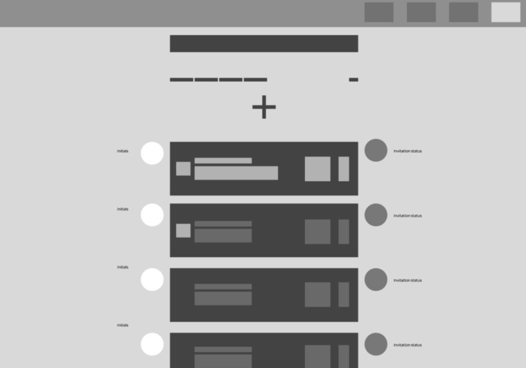 Mid fidelity wireframe showing team invitation list with status indicators