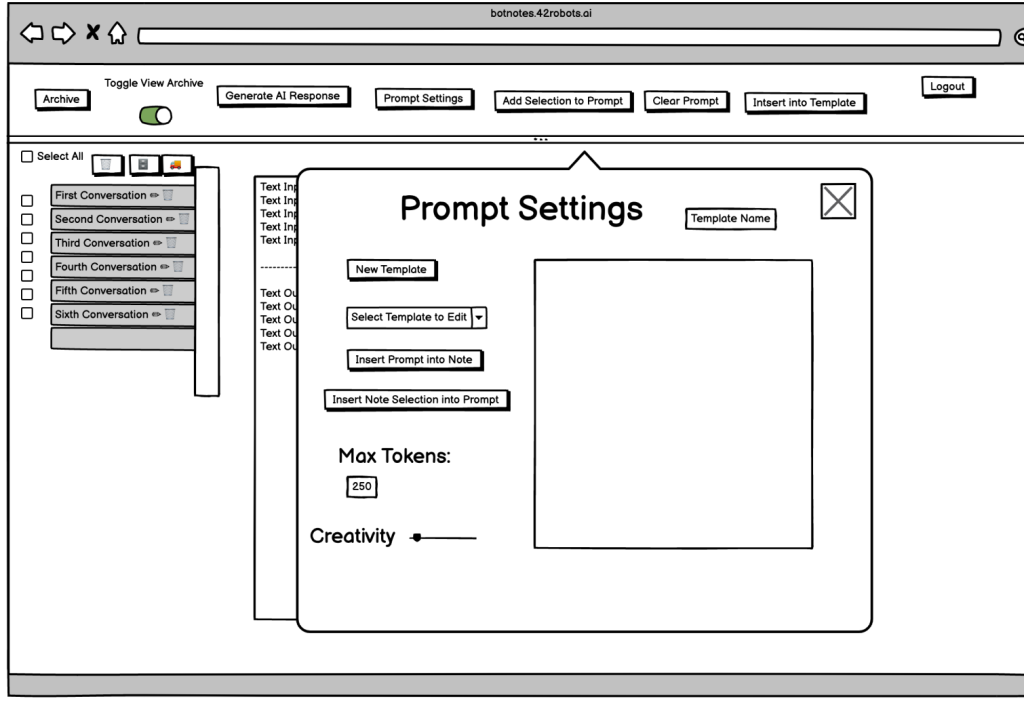 Low fidelity wireframe showing Prompt Settings modal with template controls