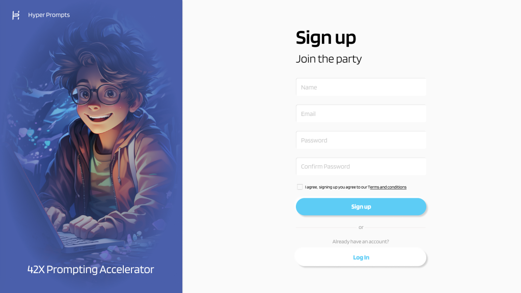 Sign up page with friendly illustration and 42X Prompting Accelerator branding