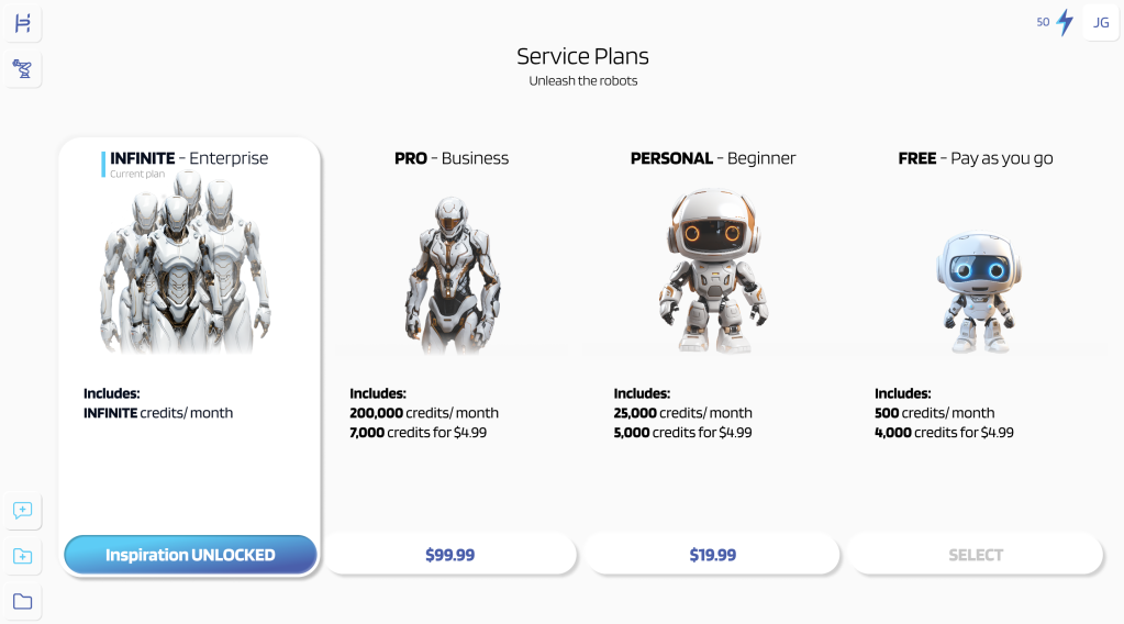 Service Plans page showing pricing tiers from Free to Enterprise with robot mascots